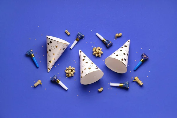 Party Hats Whistles Dark Blue Background — Stock Photo, Image