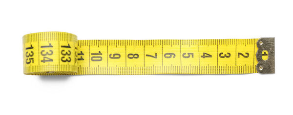 Yellow tape measure on white background