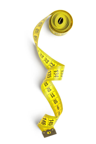 Yellow tape measure on white background