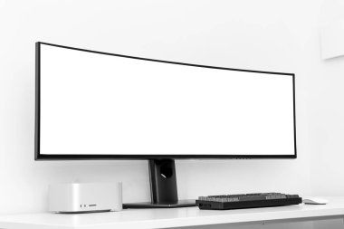 Işık duvarının yanında bilgisayar ve kablosuz ağ yönlendiricisi olan modern işyeri