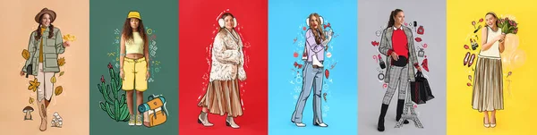 Conjunto Hermosas Mujeres Moda Ropa Dibujada Sobre Fondo Color —  Fotos de Stock