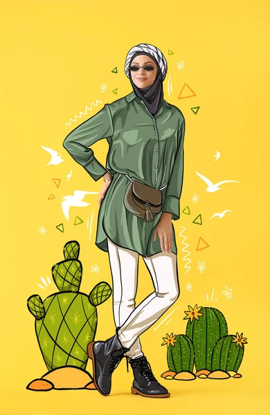 Beautiful Fashionable Arabian Woman Drawn Clothes Cacti Yellow Background — Stock Photo, Image
