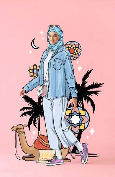 Beautiful Fashionable Arabian Woman Drawn Clothes Palms Camel Pink Background — Stock Photo, Image