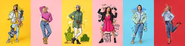 Set Med Vackra Fashionabla Kvinnor Ritade Kläder Färg Bakgrund — Stockfoto