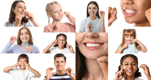 Kolase Dengan Banyak Orang Flossing Gigi Pada Latar Belakang Putih — Stok Foto