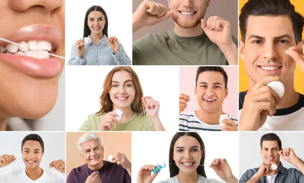 Collage Many People Flossing Teeth — Stock Photo, Image