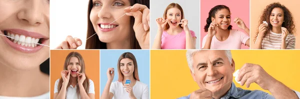 Kolase Dengan Banyak Orang Flossing Gigi Pada Latar Belakang Warna — Stok Foto