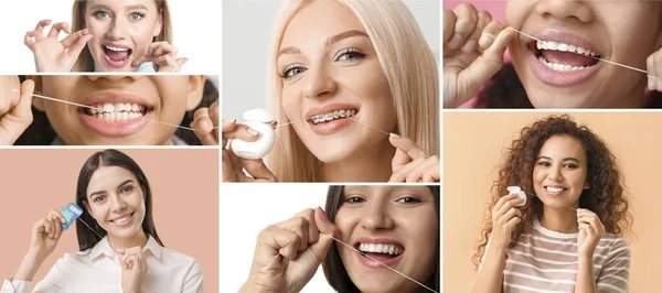 Collage Many Women Flossing Teeth — Stock Photo, Image