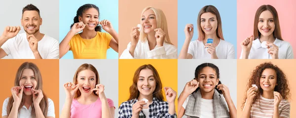 Collage Con Muchas Personas Con Dientes Hilo Dental Fondo Color — Foto de Stock