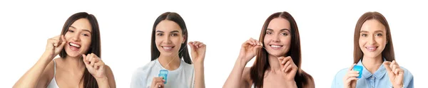 Set Von Glücklichen Frauen Zahnseide Zähne Auf Weißem Hintergrund — Stockfoto