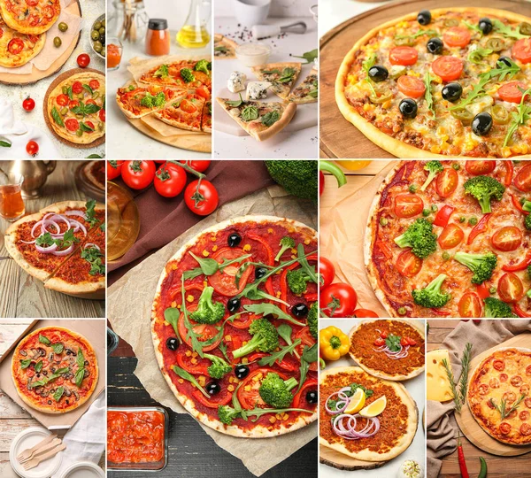 Collage with different yummy pizzas