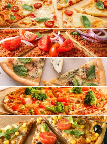 Collage Mit Verschiedenen Leckeren Pizzen Nahaufnahme — Stockfoto