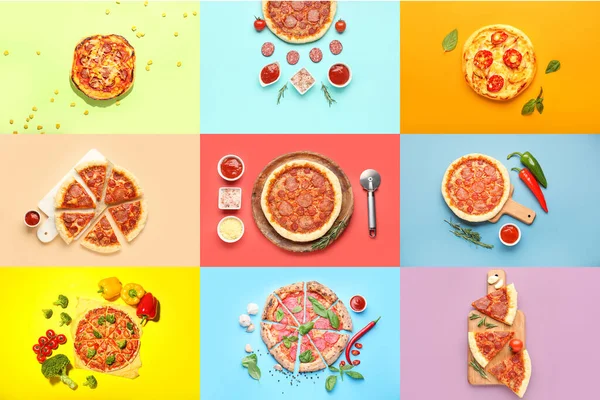 Collage Mit Verschiedenen Pizzen Auf Farbigem Hintergrund Draufsicht — Stockfoto