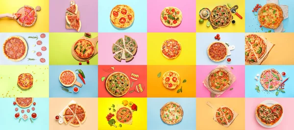 Collage Mit Vielen Verschiedenen Pizzen Auf Farbigem Hintergrund Draufsicht — Stockfoto
