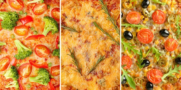 Collage Mit Verschiedenen Pizzen Als Hintergrund Nahaufnahme — Stockfoto