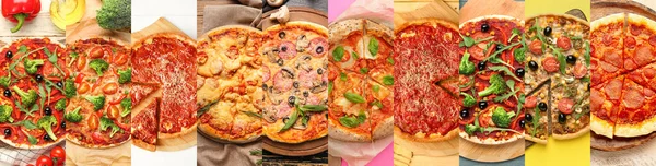 Renkli Arka Planda Birçok Pizzaya Sahip Kolaj Üst Görünüm — Stok fotoğraf