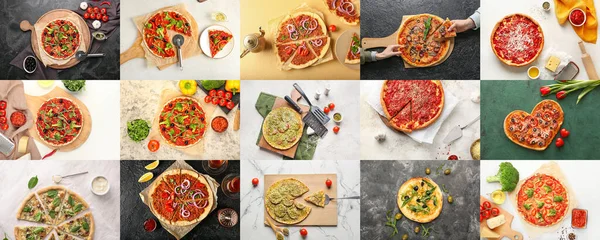 Collage Mit Vielen Verschiedenen Pizzen Draufsicht — Stockfoto
