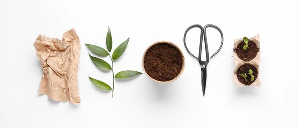 Peat Pot Soil Green Branch Parchment Paper Gardening Scissors Seedlings — Stock Photo, Image