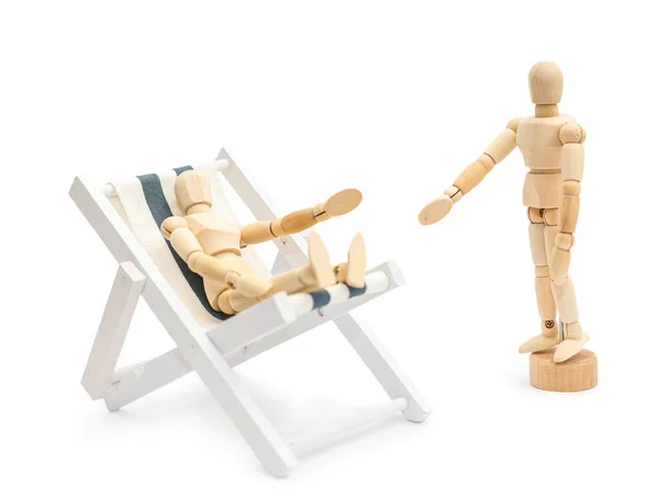 Cadeira Plataforma Brinquedo Com Manequins Madeira Fundo Branco — Fotografia de Stock