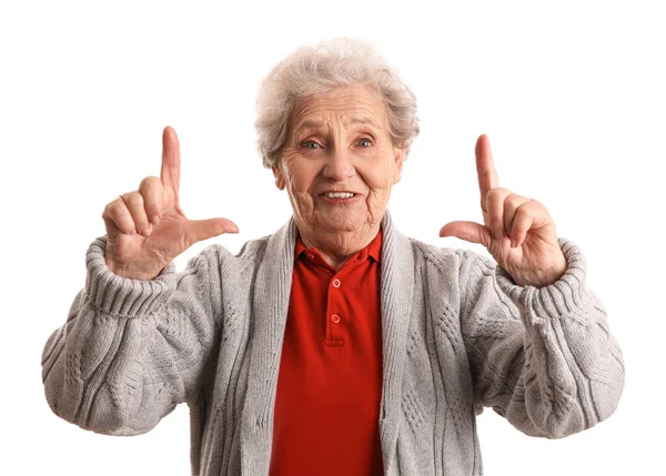 Senior Kvinna Visar Loser Gest Vit Bakgrund — Stockfoto