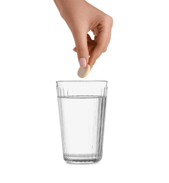 Mulher Colocando Comprimido Solúvel Vidro Água Isolado Sobre Fundo Branco — Fotografia de Stock