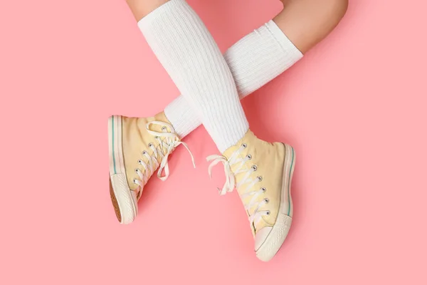 Female Legs Stylish Gumshoes Pink Background Closeup — Stock Photo, Image