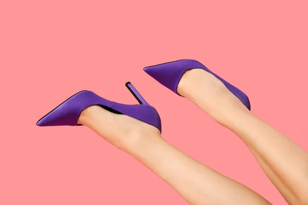 Female Legs Stylish High Heels Pink Background Closeup — Stock Photo, Image