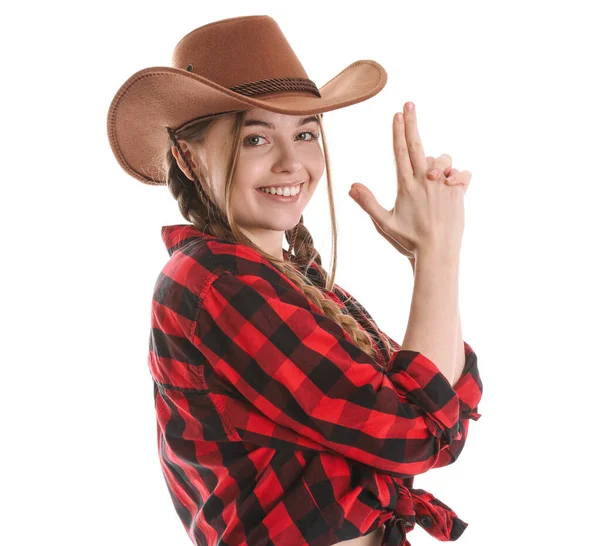 Young Cowgirl Showing Gun Gesture White Background — Stock Photo, Image