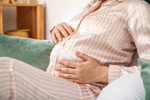 Young Pregnant Woman Sitting Bedroom Closeup — Stock Photo, Image