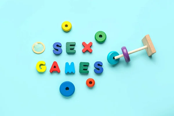 Text Sex Games Toys Condom Blue Background — Stock Photo, Image