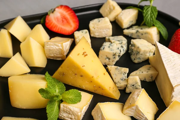 Tray Pieces Tasty Cheese Table Closeup — Stock Photo, Image