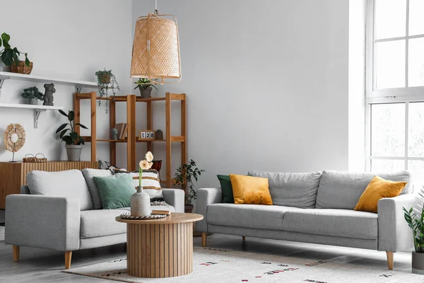 Interior Light Living Room Grey Sofas Wooden Coffee Table Big — Stock Photo, Image