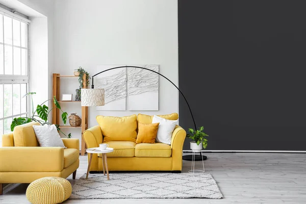 Interior Light Living Room Yellow Sofa Armchair Big Window — Stock Photo, Image