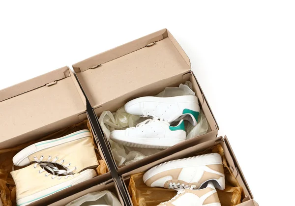 Cardboard Boxes Different Stylish Sneakers White Background — Stock Photo, Image