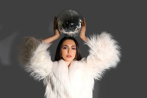 Fashionable Beautiful Young Woman Fur Coat Disco Ball Grey Background — Stock Photo, Image
