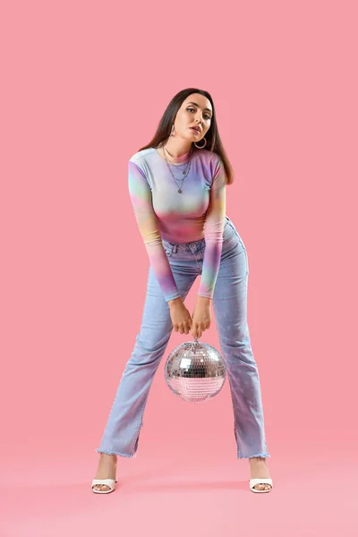 Fashionable Beautiful Woman Disco Ball Pink Background — Stock Photo, Image