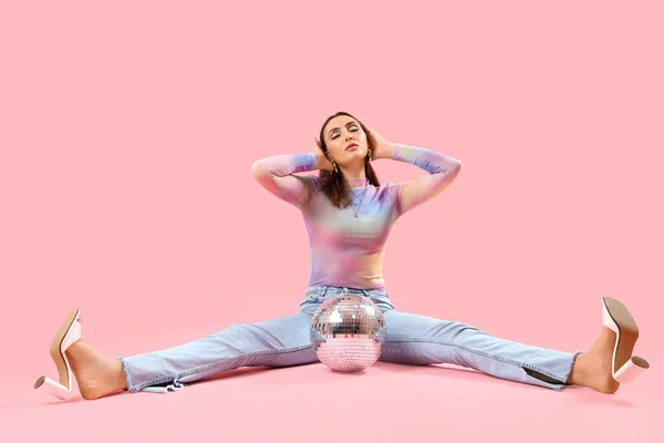 Fashionable Beautiful Young Woman Disco Ball Sitting Pink Background — Stock Photo, Image