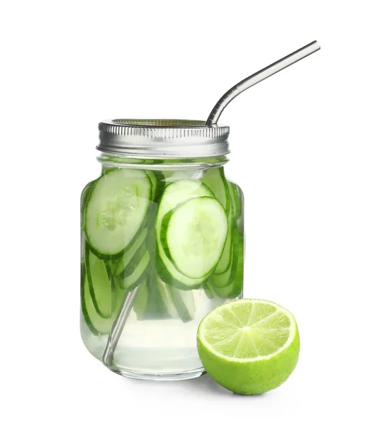 Mason Jar Infused Water Cucumber Slices White Background — Stock Photo, Image