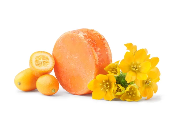 Orange Solid Shampoo Bar Kumquat Flowers White Background — Stock Photo, Image
