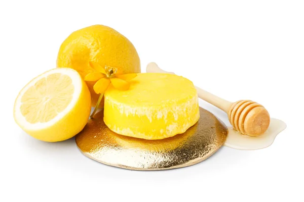 Shampoo Bar Solido Giallo Con Limone Fiore Miele Sfondo Bianco — Foto Stock