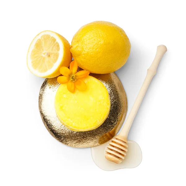 Yellow Solid Shampoo Bar Lemon Flower Honey White Background — Stock Photo, Image
