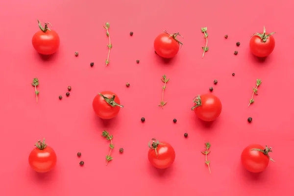 Composition Ripe Cherry Tomatoes Thyme Peppercorn Red Background — Stock Photo, Image