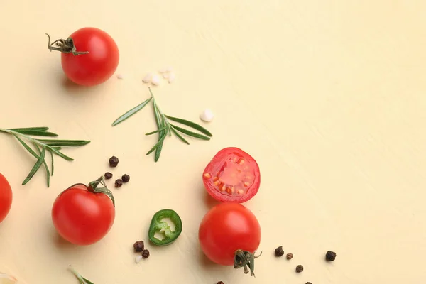Composition Ripe Cherry Tomatoes Jalapeno Spices Beige Background Closeup — Stock Photo, Image
