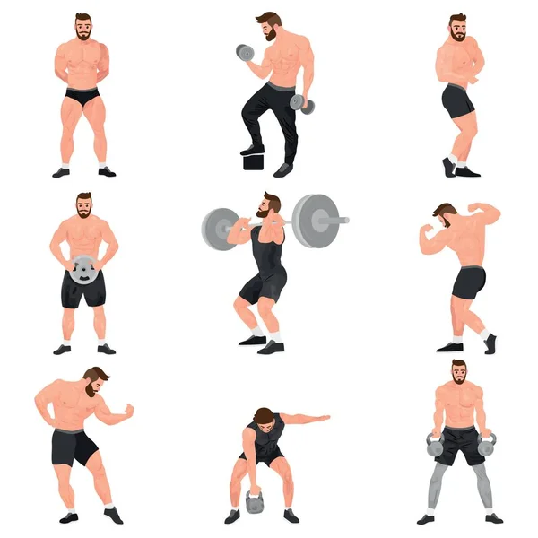 白色背景的一组肌肉发达的健美运动员 — 图库矢量图片