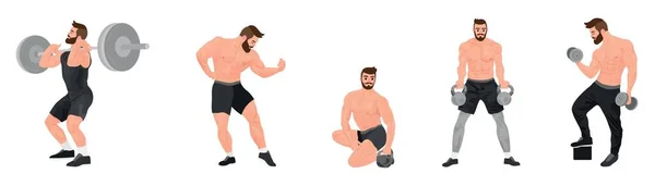 白色背景的一组肌肉发达的健美运动员 — 图库矢量图片