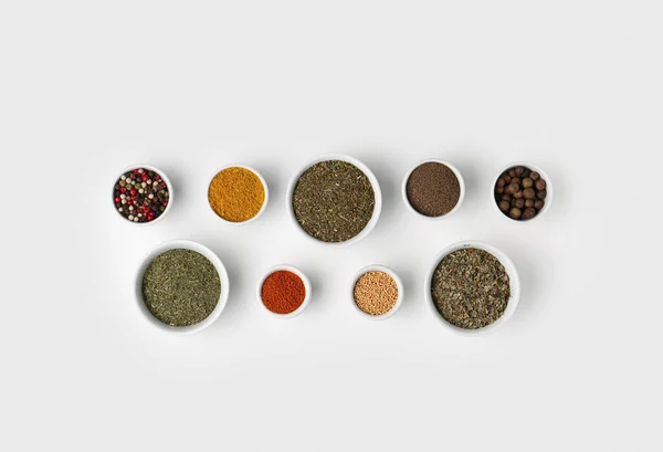 Composition Bowls Different Aromatic Spices Light Background — Stock Photo, Image