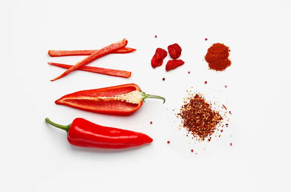 Composition Fresh Chili Peppers Powder Flakes Light Background — Stock Photo, Image