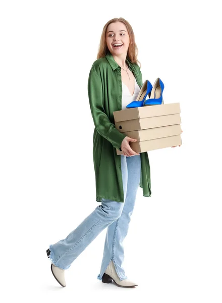 Молода Жінка Коробками Взуття Білому Тлі — стокове фото