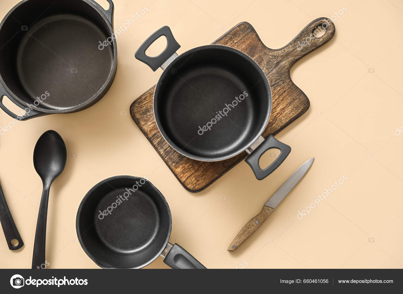 Cooking Pots Kitchen Utensils Beige Background Stock Photo by ©serezniy  660461056