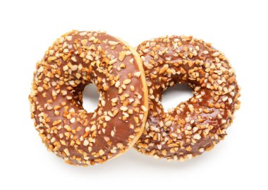 Sweet chocolate donuts on white background